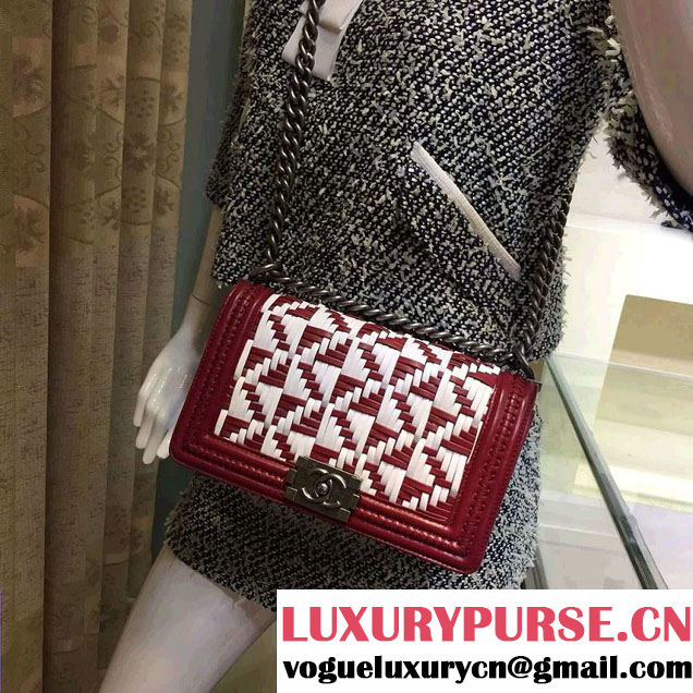 Chanel Calfskin and Braided Fabric Boy Flap Bag Red 2015