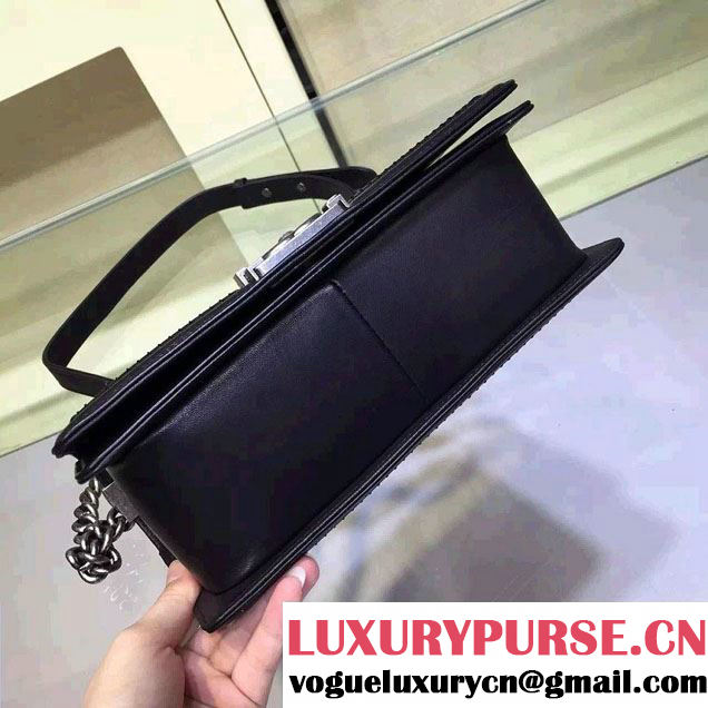 Chanel Calfskin and Braided Fabric Boy Flap Bag Black 2015