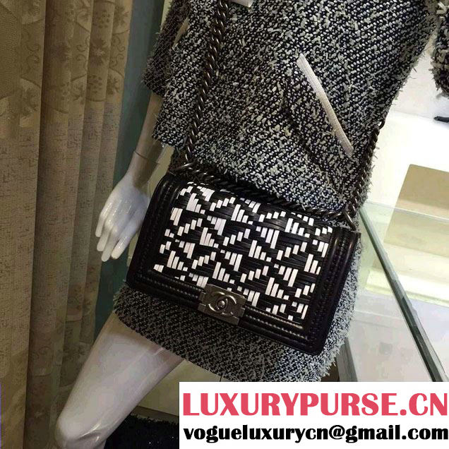 Chanel Calfskin and Braided Fabric Boy Flap Bag Black 2015