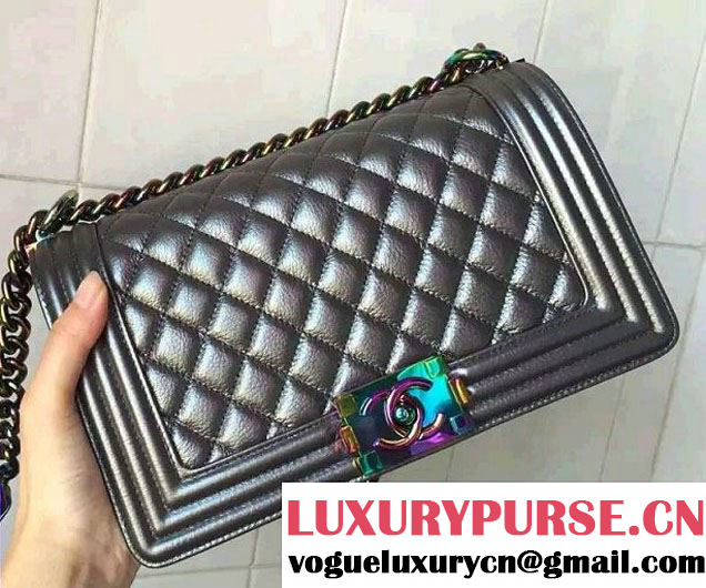 Chanel Iridescent Boy Flap Bag Silver Gray with Rainbow Hardware 2015/2016