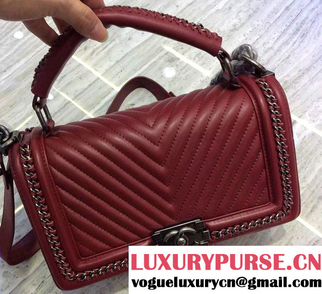 Chanel Chevron Chain Top Handle Boy Flap Bag Burgundy 2015