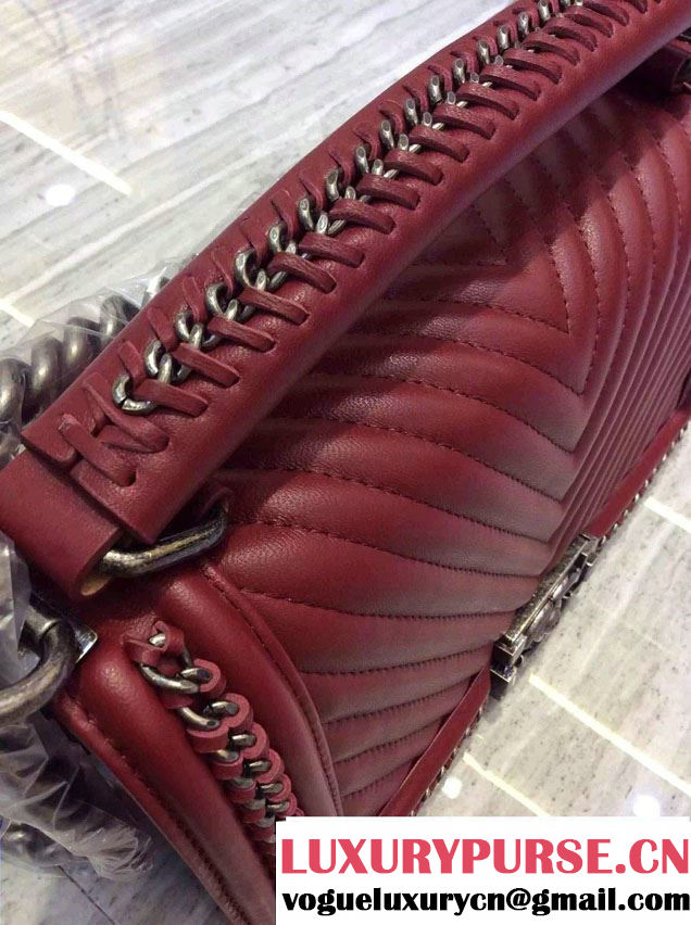 Chanel Chevron Chain Top Handle Boy Flap Bag Burgundy 2015