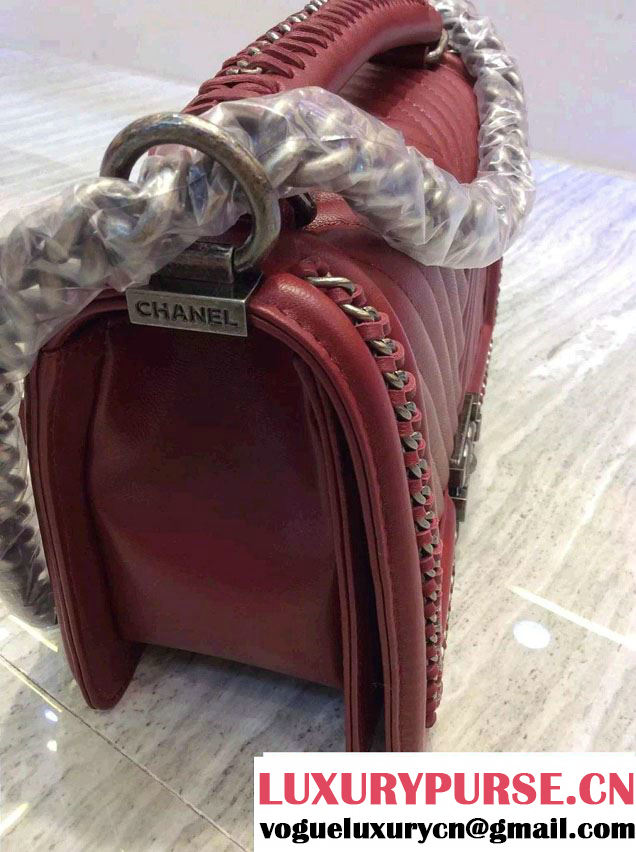 Chanel Chevron Chain Top Handle Boy Flap Bag Burgundy 2015