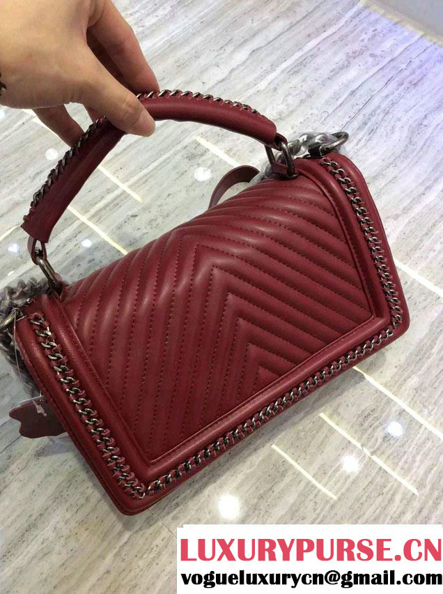 Chanel Chevron Chain Top Handle Boy Flap Bag Burgundy 2015