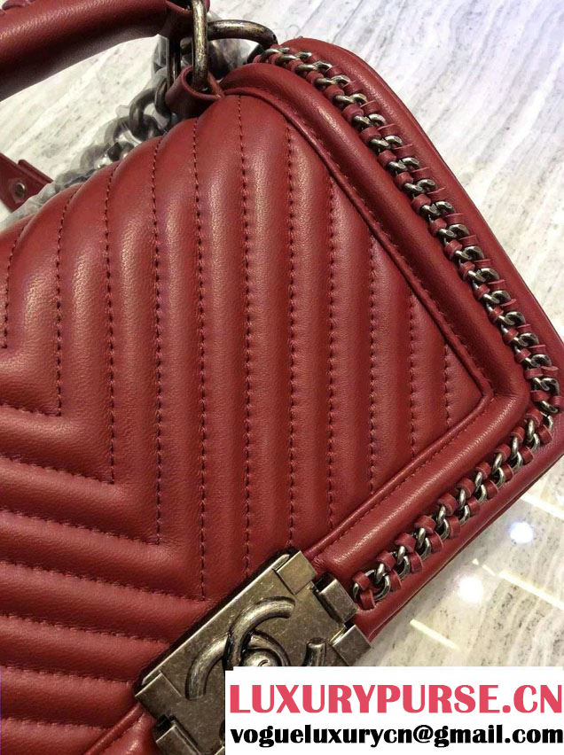 Chanel Chevron Chain Top Handle Boy Flap Bag Burgundy 2015
