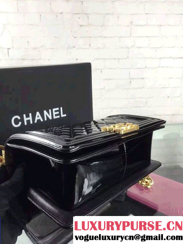 Chanel Iridescent Patent Leather Boy Flap Shoulder Bag Black with Gold Hardware 2015