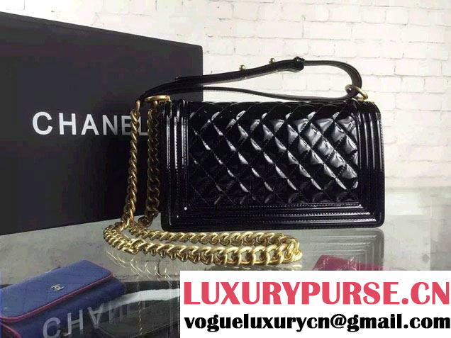Chanel Iridescent Patent Leather Boy Flap Shoulder Bag Black with Gold Hardware 2015