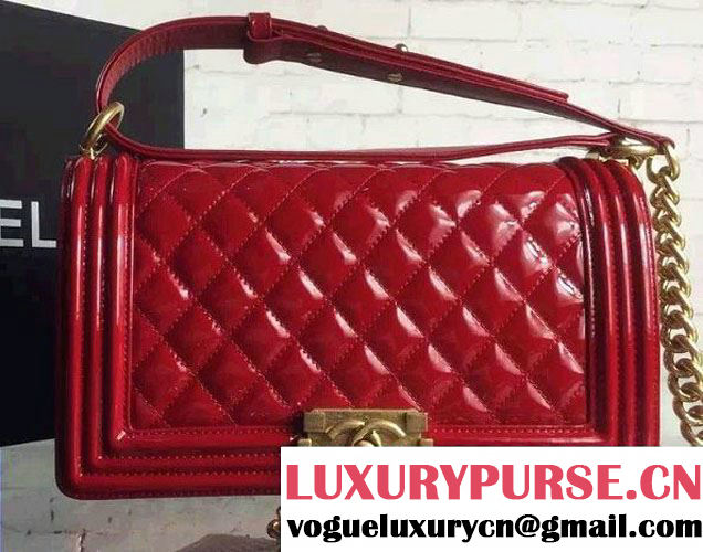 Chanel Iridescent Patent Leather Boy Flap Shoulder Bag Red with Gold Hardware 2015