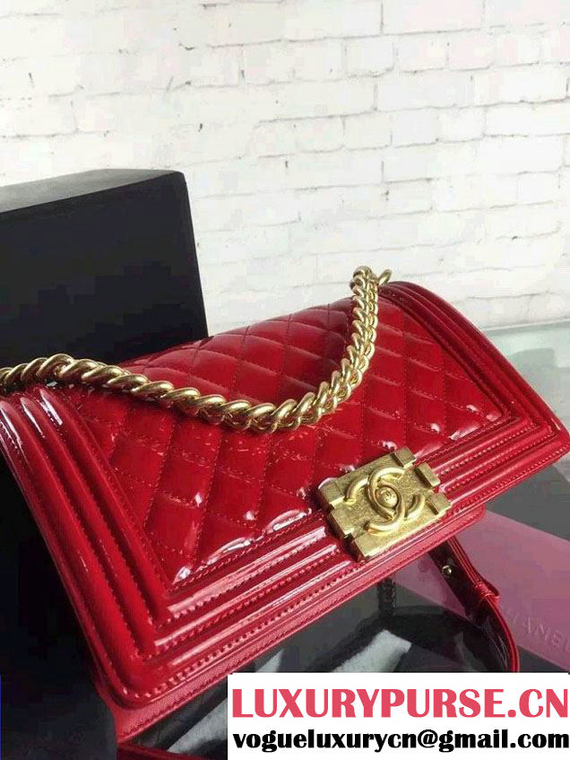 Chanel Iridescent Patent Leather Boy Flap Shoulder Bag Red with Gold Hardware 2015