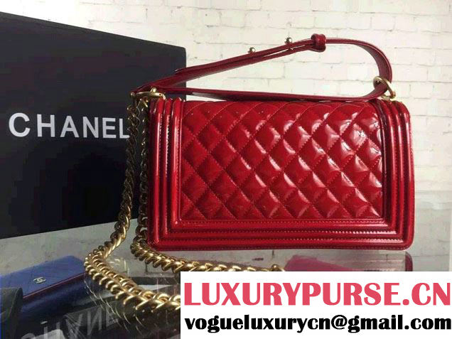 Chanel Iridescent Patent Leather Boy Flap Shoulder Bag Red with Gold Hardware 2015
