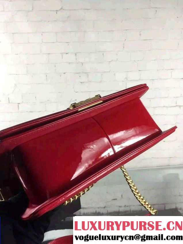 Chanel Iridescent Patent Leather Boy Flap Shoulder Bag Red with Gold Hardware 2015