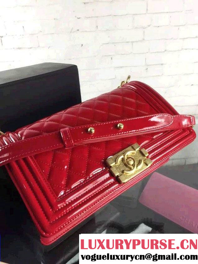 Chanel Iridescent Patent Leather Boy Flap Shoulder Bag Red with Gold Hardware 2015