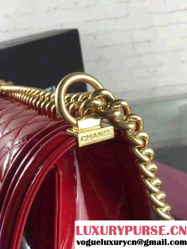 Chanel Iridescent Patent Leather Boy Flap Shoulder Bag Red with Gold Hardware 2015