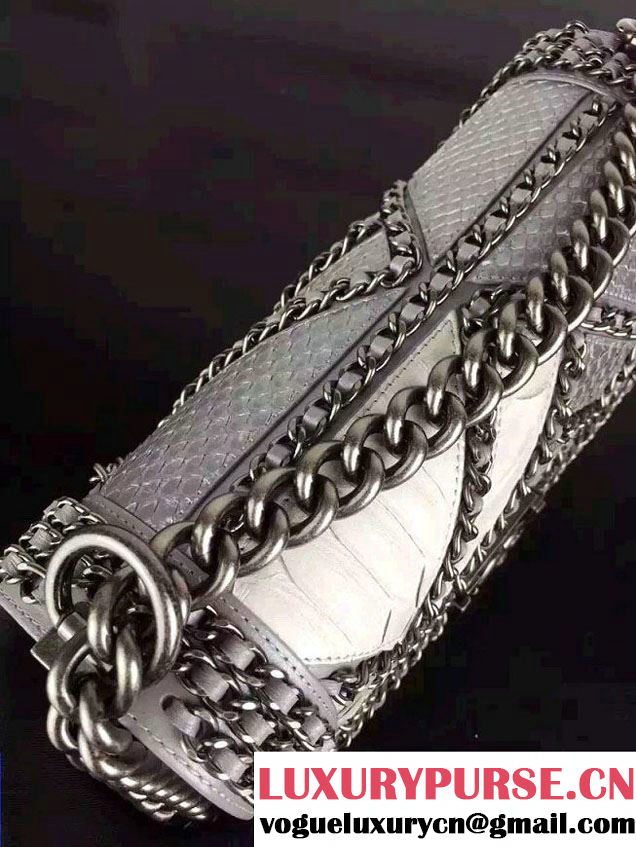 Chanel Python and Calfskin Boy Flap Bag Silver Embellished With Interlaced Chain 2016
