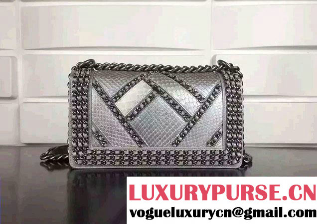Chanel Python and Calfskin Boy Flap Bag Silver Embellished With Interlaced Chain 2016