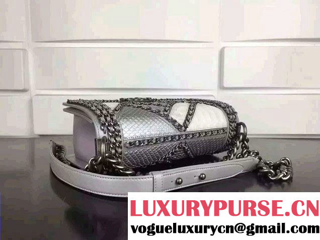Chanel Python and Calfskin Boy Flap Bag Silver Embellished With Interlaced Chain 2016