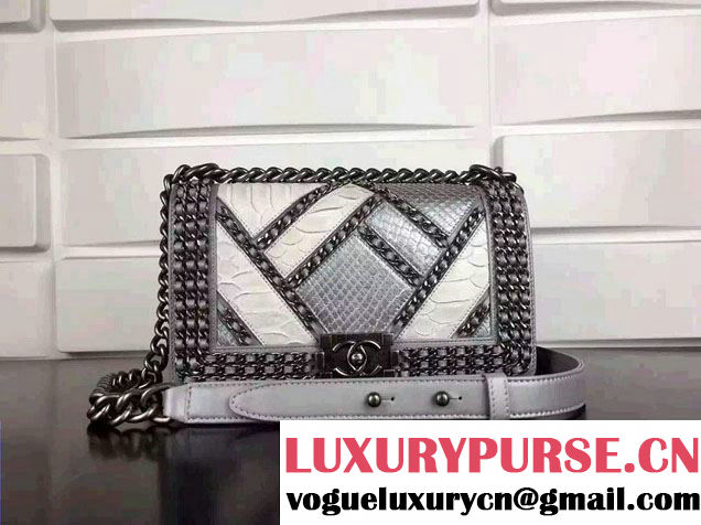 Chanel Python and Calfskin Boy Flap Bag Silver Embellished With Interlaced Chain 2016
