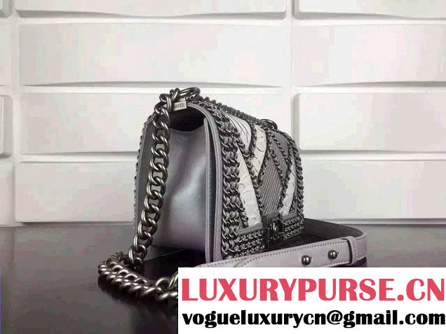Chanel Python and Calfskin Boy Flap Bag Silver Embellished With Interlaced Chain 2016