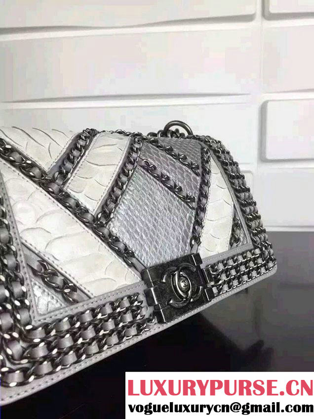 Chanel Python and Calfskin Boy Flap Bag Silver Embellished With Interlaced Chain 2016