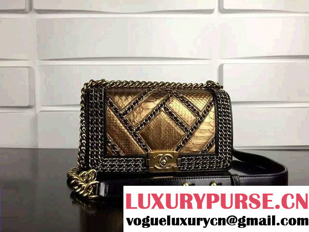 Chanel Python and Calfskin Boy Flap Bag Brown Embellished With Interlaced Chain 2016