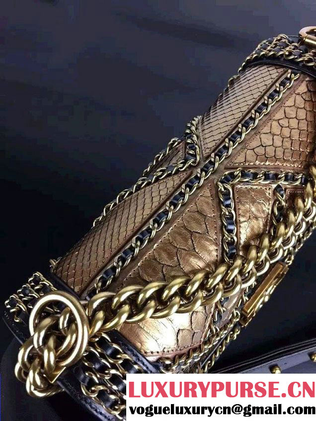 Chanel Python and Calfskin Boy Flap Bag Brown Embellished With Interlaced Chain 2016