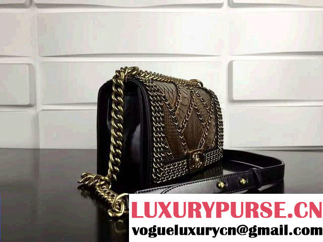 Chanel Python and Calfskin Boy Flap Bag Brown Embellished With Interlaced Chain 2016