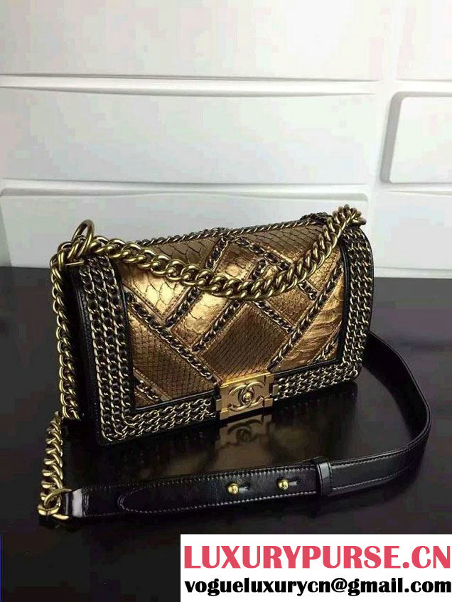 Chanel Python and Calfskin Boy Flap Bag Brown Embellished With Interlaced Chain 2016
