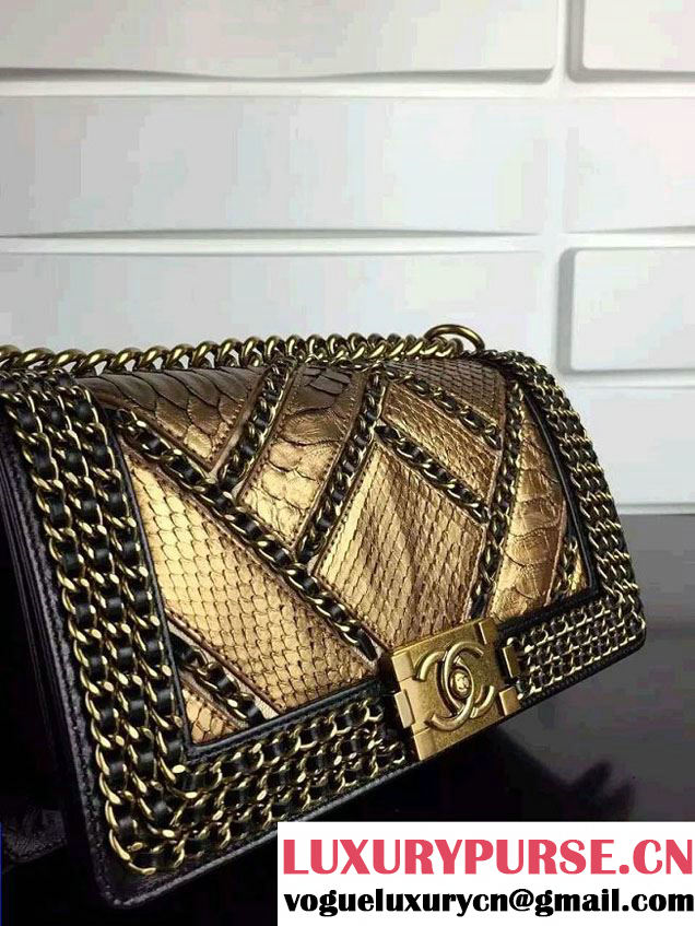 Chanel Python and Calfskin Boy Flap Bag Brown Embellished With Interlaced Chain 2016