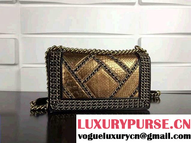 Chanel Python and Calfskin Boy Flap Bag Brown Embellished With Interlaced Chain 2016