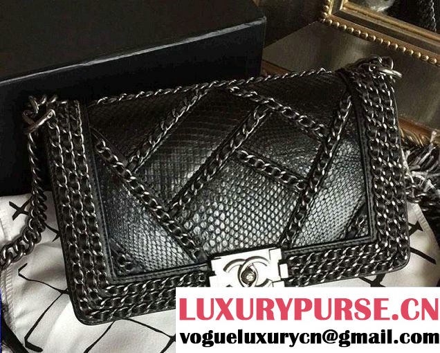 Chanel Python and Calfskin Boy Flap Bag Black Embellished With Interlaced Chain 2016