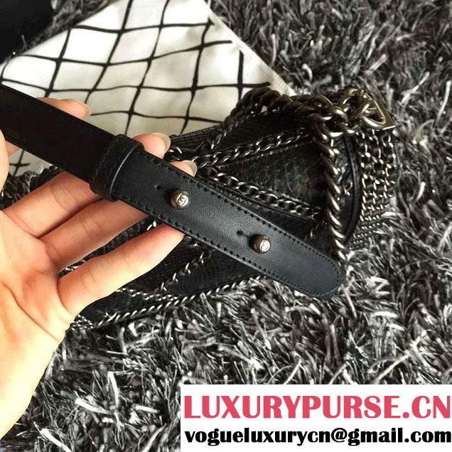 Chanel Python and Calfskin Boy Flap Bag Black Embellished With Interlaced Chain 2016