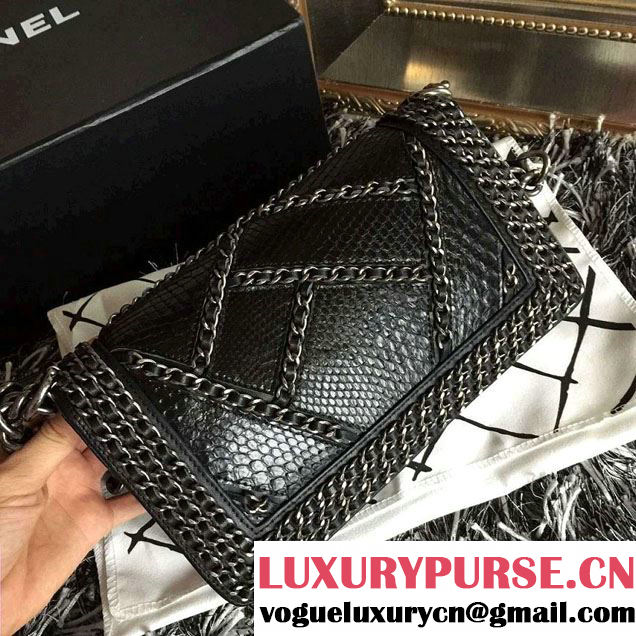 Chanel Python and Calfskin Boy Flap Bag Black Embellished With Interlaced Chain 2016