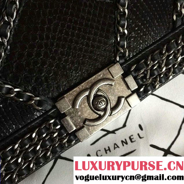 Chanel Python and Calfskin Boy Flap Bag Black Embellished With Interlaced Chain 2016