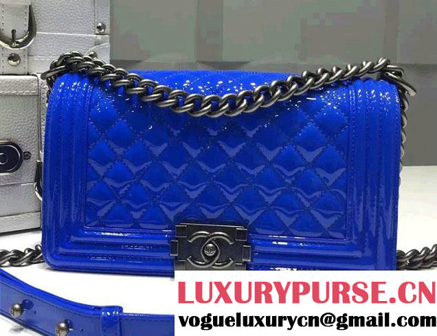 Chanel Medium Patent Leather Boy Flap Shoulder Bag Blue 2015/2016