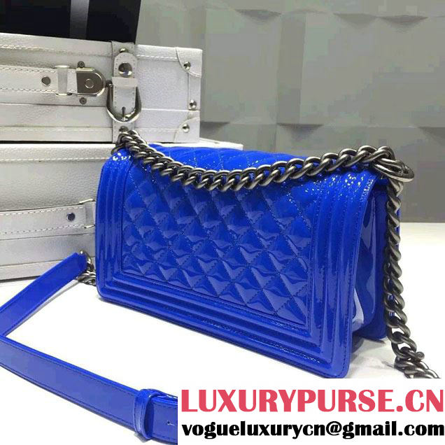 Chanel Medium Patent Leather Boy Flap Shoulder Bag Blue 2015/2016