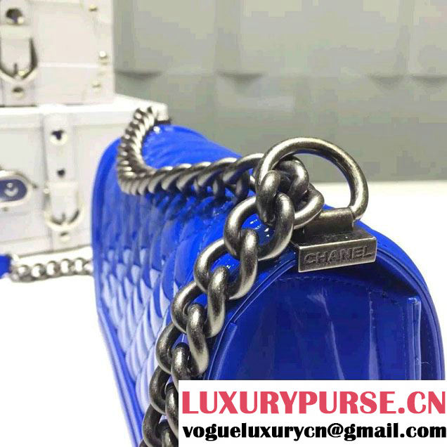 Chanel Medium Patent Leather Boy Flap Shoulder Bag Blue 2015/2016