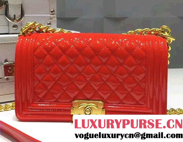 Chanel Medium Patent Leather Boy Flap Shoulder Bag Red 2015/2016