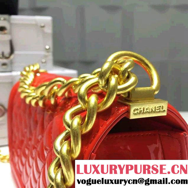 Chanel Medium Patent Leather Boy Flap Shoulder Bag Red 2015/2016