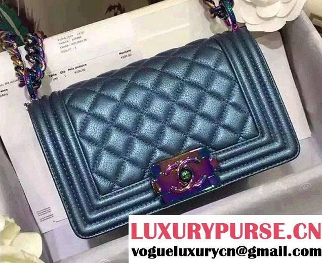 Chanel Iridescent Small Boy Flap Bag Blue with Rainbow Hardware 2015/2016