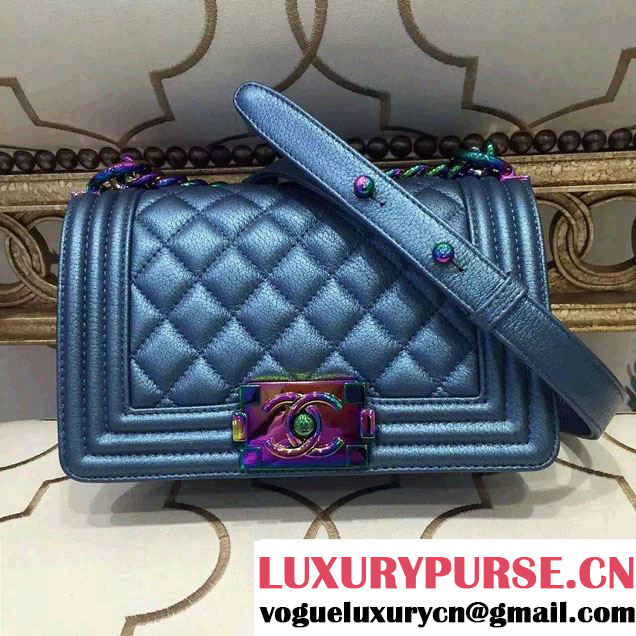 Chanel Iridescent Small Boy Flap Bag Blue with Rainbow Hardware 2015/2016