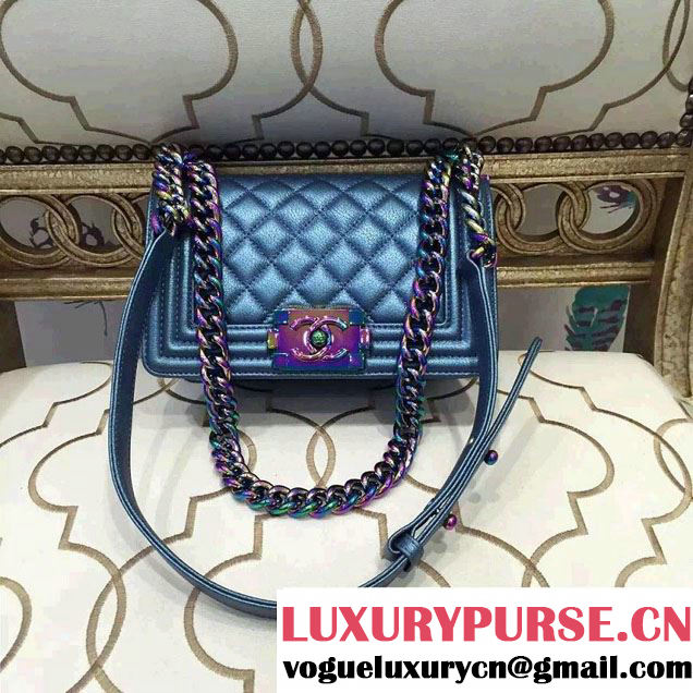 Chanel Iridescent Small Boy Flap Bag Blue with Rainbow Hardware 2015/2016