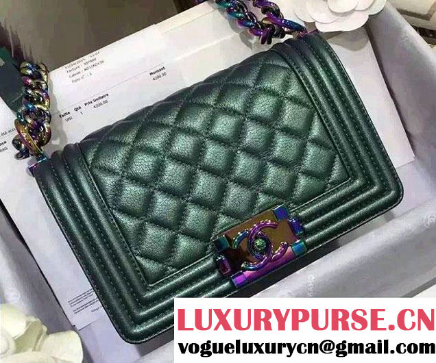 Chanel Iridescent Small Boy Flap Bag Green with Rainbow Hardware 2015/2016