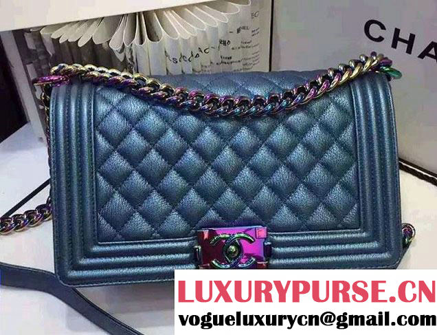 Chanel Iridescent Boy Flap Bag Blue with Rainbow Hardware 2015/2016