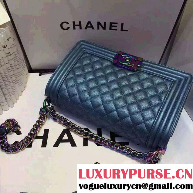 Chanel Iridescent Boy Flap Bag Blue with Rainbow Hardware 2015/2016