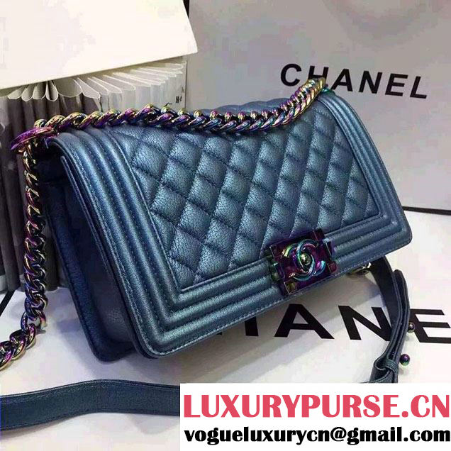 Chanel Iridescent Boy Flap Bag Blue with Rainbow Hardware 2015/2016