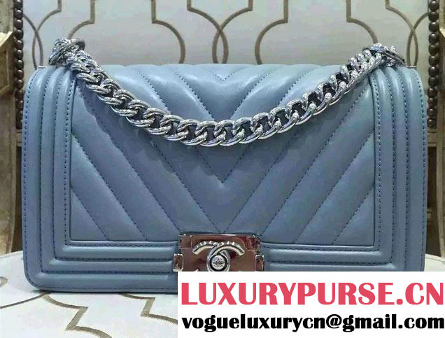 Chanel Shine Hardware Calfskin Boy Chevron Flap Medium Bag Sky Blue 2016