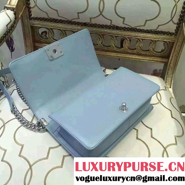 Chanel Shine Hardware Calfskin Boy Chevron Flap Medium Bag Sky Blue 2016