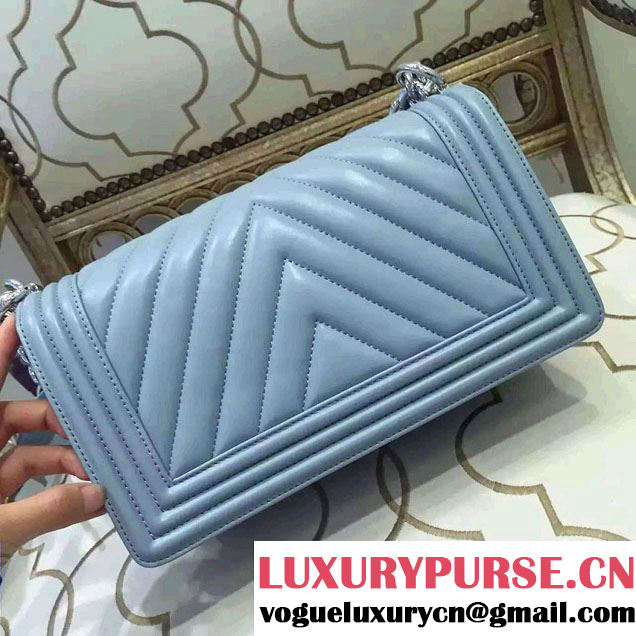 Chanel Shine Hardware Calfskin Boy Chevron Flap Medium Bag Sky Blue 2016