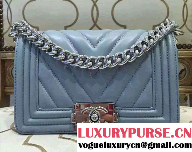 Chanel Shine Hardware Calfskin Boy Chevron Flap Small Bag Sky Blue 2016