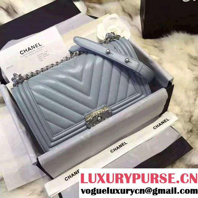 Chanel Shine Hardware Calfskin Boy Chevron Flap Small Bag Sky Blue 2016